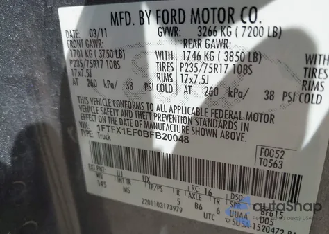 2011 Ford F-150 Xlt из США, поврежденный, VIN 1FTFX1EF0BFB20048